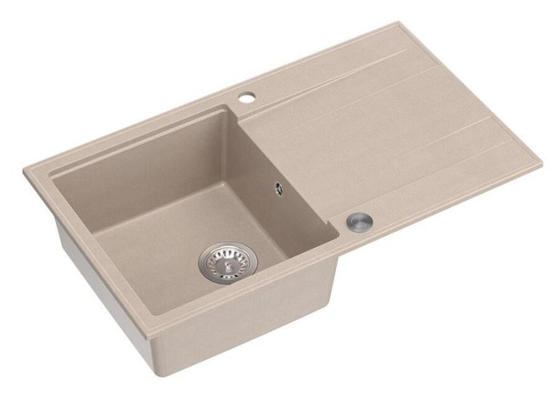 Évier en granit beige perle Quadri Luton avec surface d'égouttement réversible 86x50cm avec bouchon en acier inoxydable 1208971779