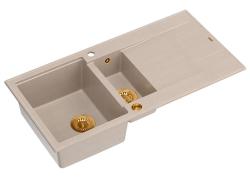 Quadri Luton beige granit surélevé 1,5 évier avec égouttoir réversible 100x50cm avec bouchon en cuivre 1208971792