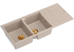 Quadri Luton structure double évier en granit beige avec zone d'égouttement 116x50 cm avec bouchon en cuivre 1208971801