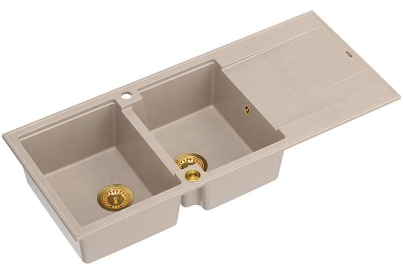 Quadri Luton construction double évier en granit beige perle avec égouttoir 116x50 cm avec bouchon doré 1208971809