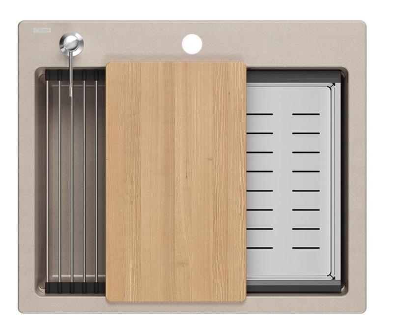 Quadri Durham Pearl Beige granit évier à poser 595x500 avec distributeur de savon, planche à découper, bac d'insertion et tapis roulant 1208971814