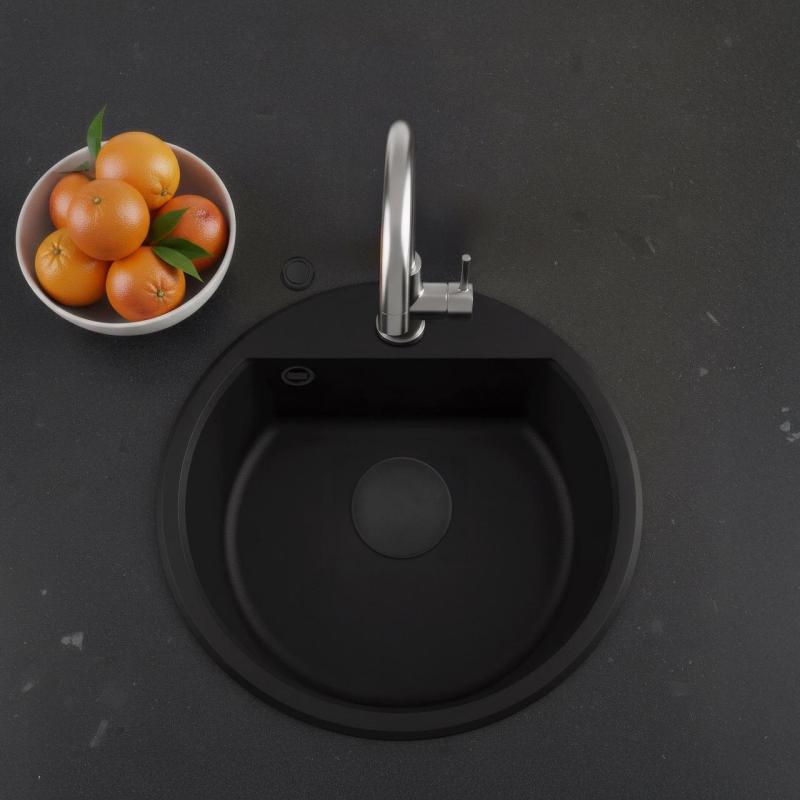 GraniteMy Bremen évier rond en granit 43 cm noir, à poser et à encastrer, avec trou pour robinet et bouchon automatique noir 1208971839