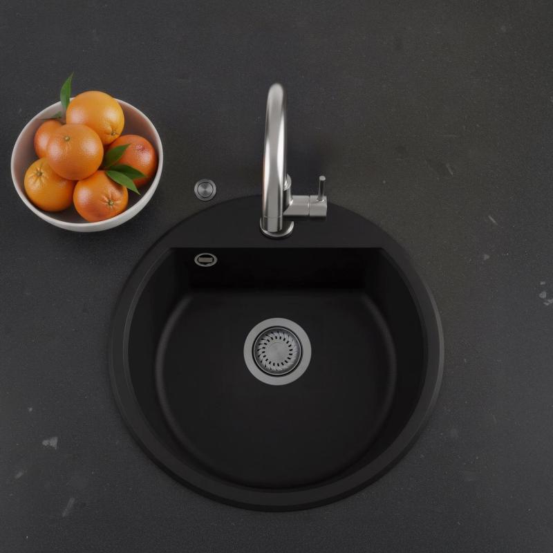 GraniteMy Bremen évier rond en granit de 43 cm noir, à poser et à encastrer, avec trou pour robinet et bouchon automatique en métal couleur canon de fusil 1208971844
