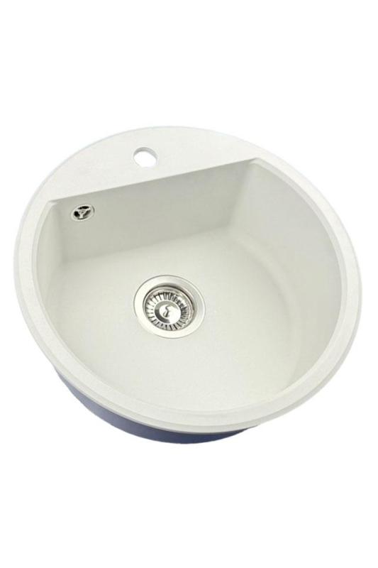 GraniteMy Bremen évier rond en granit de 43 cm blanc, à poser et à encastrer, avec trou pour robinet et bouchon automatique en inox 1208971845