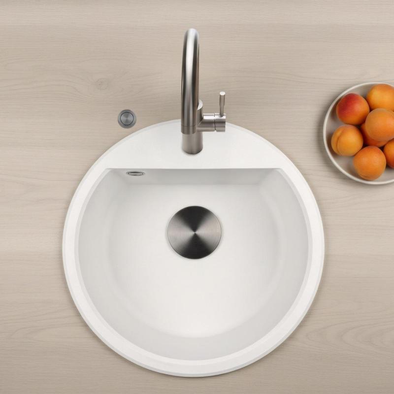 GraniteMy Bremen évier rond en granit 43 cm blanc, à poser et à encastrer, avec trou pour robinet et bouchon automatique en métal vieilli 1208971849