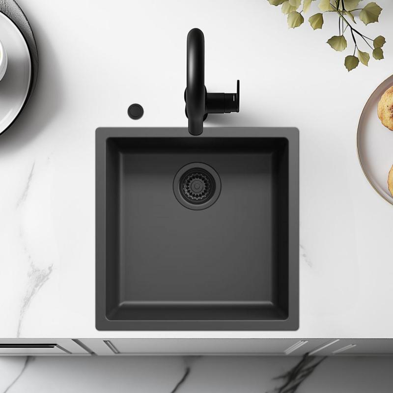 Évier Ausmann Fibre noir 40x40cm à encastrer, à monter et à installer à fleur avec bouchon automatique noir 1208971851