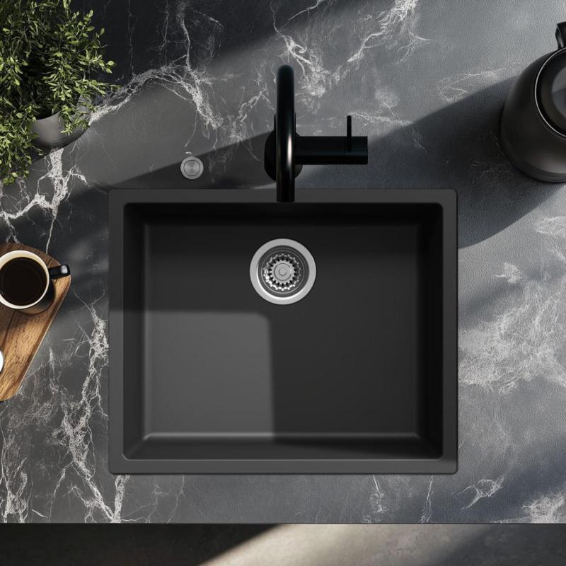 Évier Ausmann Fibre noir 50x40cm sous plan, à poser et à encastrer avec bouchon automatique en inox 1208971855