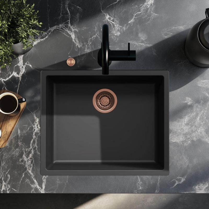 Évier Ausmann Fibre noir 50x40cm à encastrer, à poser et à montage affleurant avec bouchon automatique en cuivre 1208971858