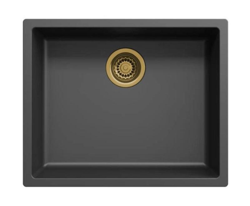 Évier Ausmann Fibre noir 50x40cm encastré, à poser et à fleur avec bouchon automatique doré 1208971859