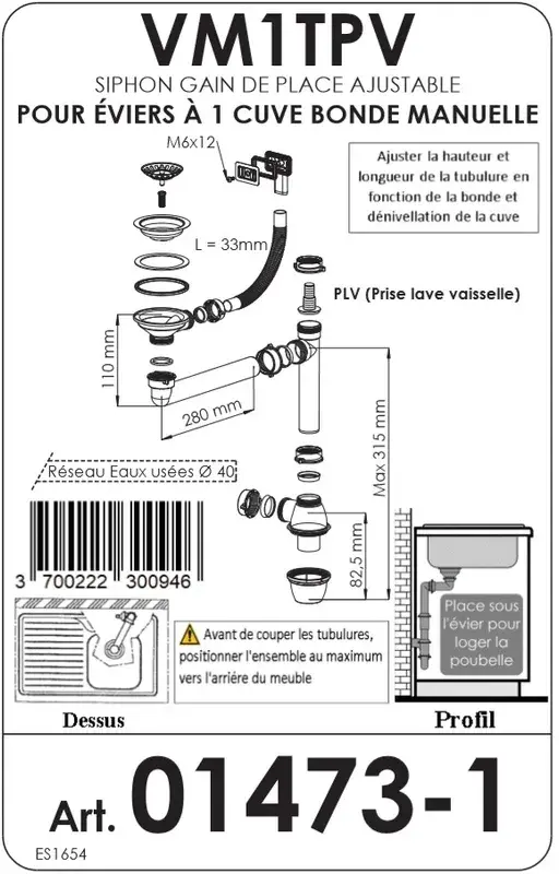 Ensemble d'évacuation Ausmann en acier inoxydable avec trop-plein carré incl. siphon pour évier simple 1208971877