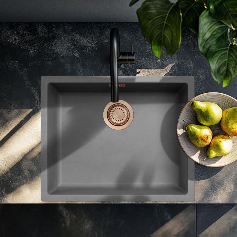 Évier en fibre de béton Ausmann de couleur gris 50x40cm encastré, en surface et à fleur avec bouchon en cuivre 1208971884