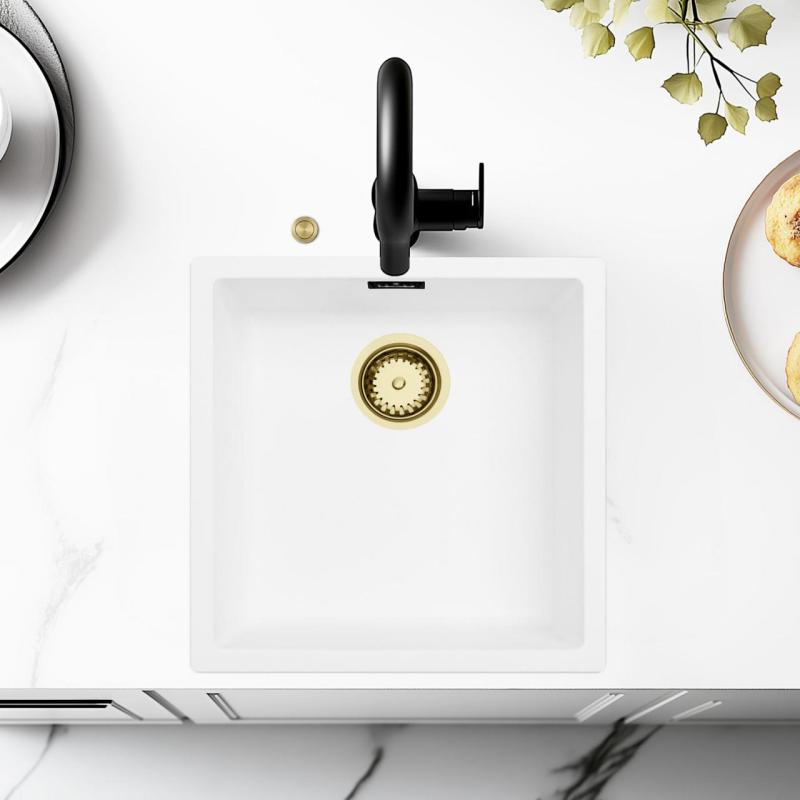 Évier Ausmann Fibre blanc 40x40cm encastré, à poser et à fleur avec bouchon automatique doré 1208971894