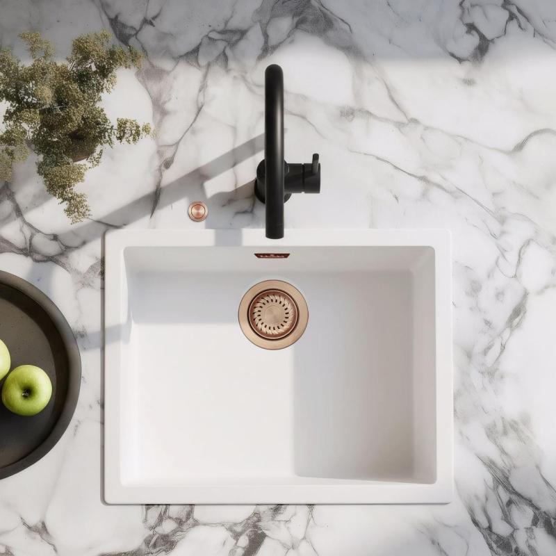 Évier Ausmann Fibre blanc 50x40cm encastré, surélevé et à fleur avec bouchon automatique en cuivre 1208971900