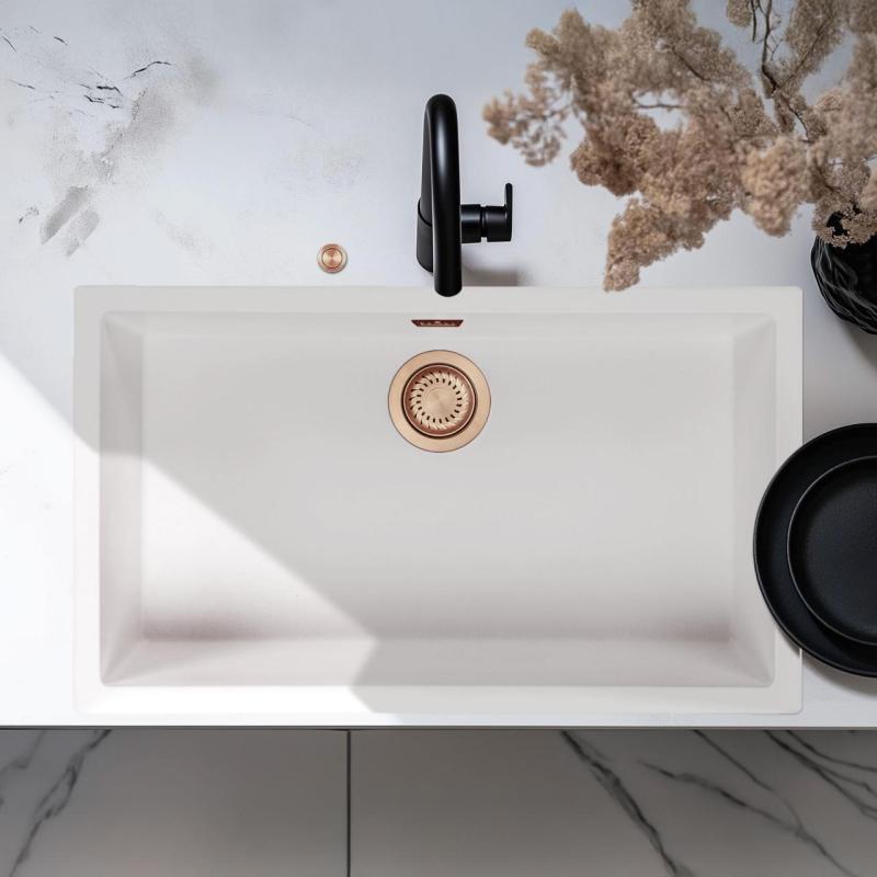 Ausmann Fibre blanc grand évier 70x40cm sous-comptoir, sur-comptoir et encastré avec bouchon en cuivre automatique 1208971906