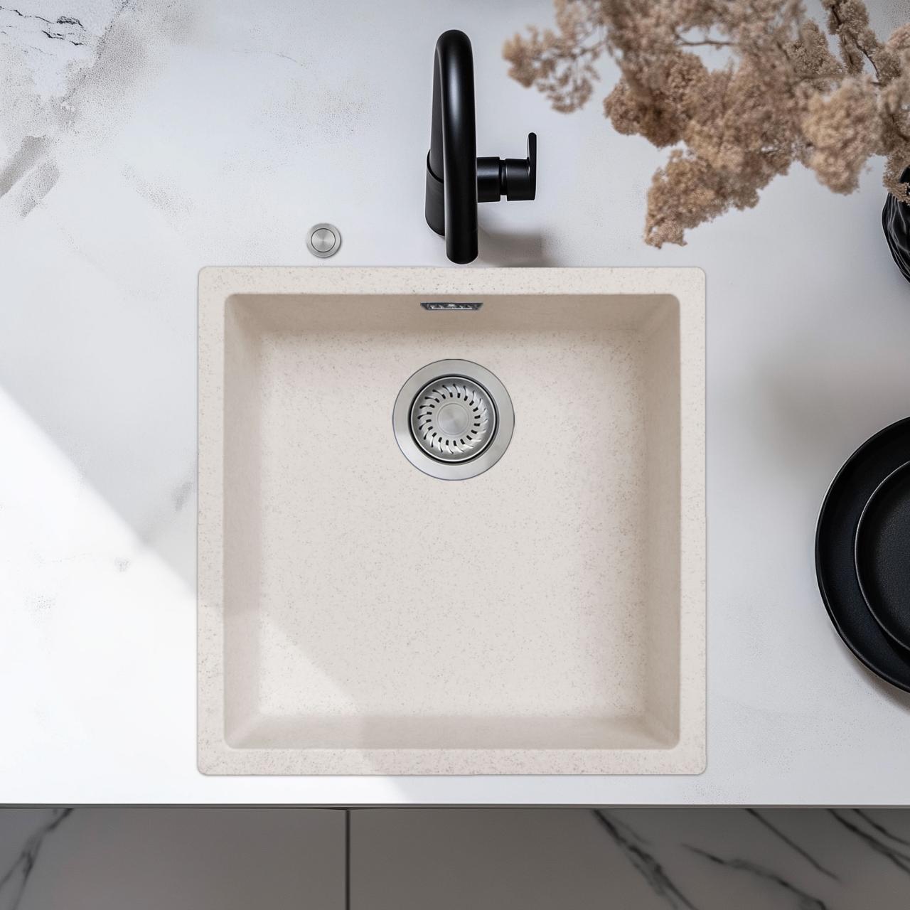 Évier Ausmann Fibre en sable blanc 40x40cm pour sous-évier, sur-évier et encastré avec bouchon automatique en acier inoxydable 1208971925