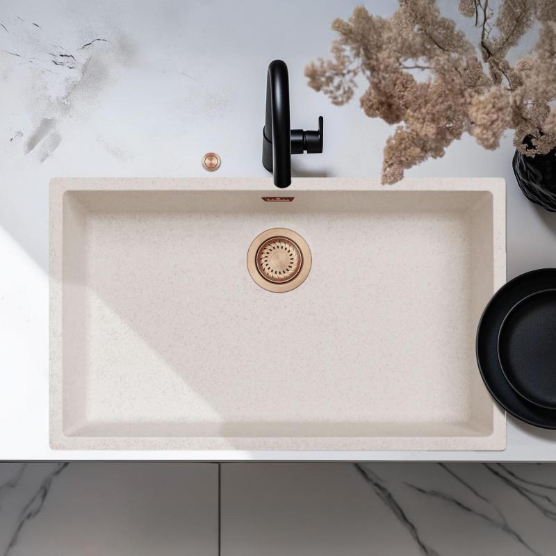 Ausmann Fibre sable blanc grand évier 70x40cm sous-meuble, sur-meuble et encastré avec bouchon automatique en cuivre 1208971937