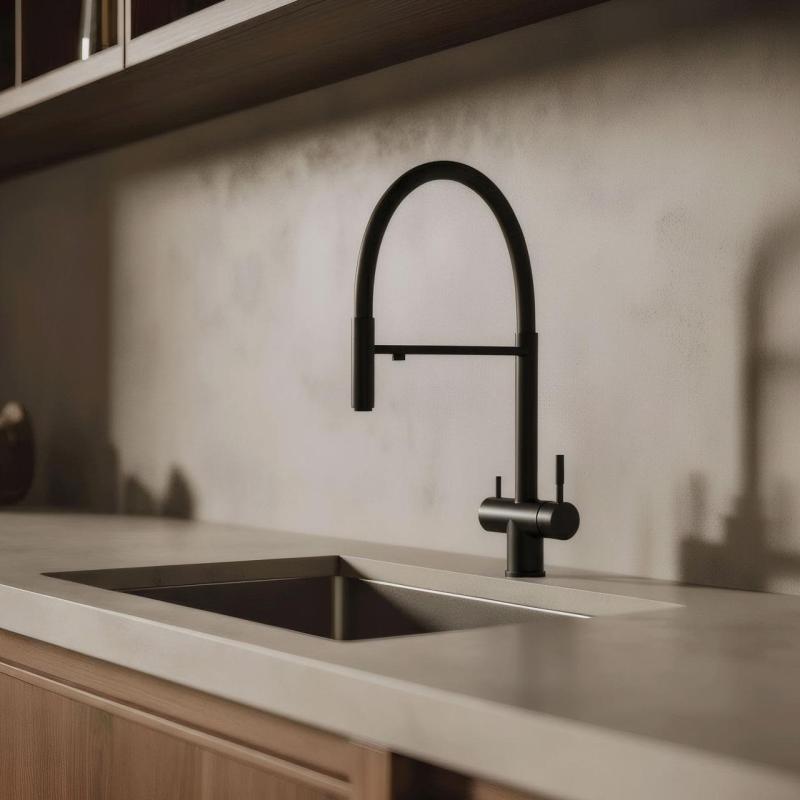 Pure.Sink Elite Steel Flex Robinet de cuisine 3 voies en acier noir mat avec bec flexible et eau filtrée PS8110-10