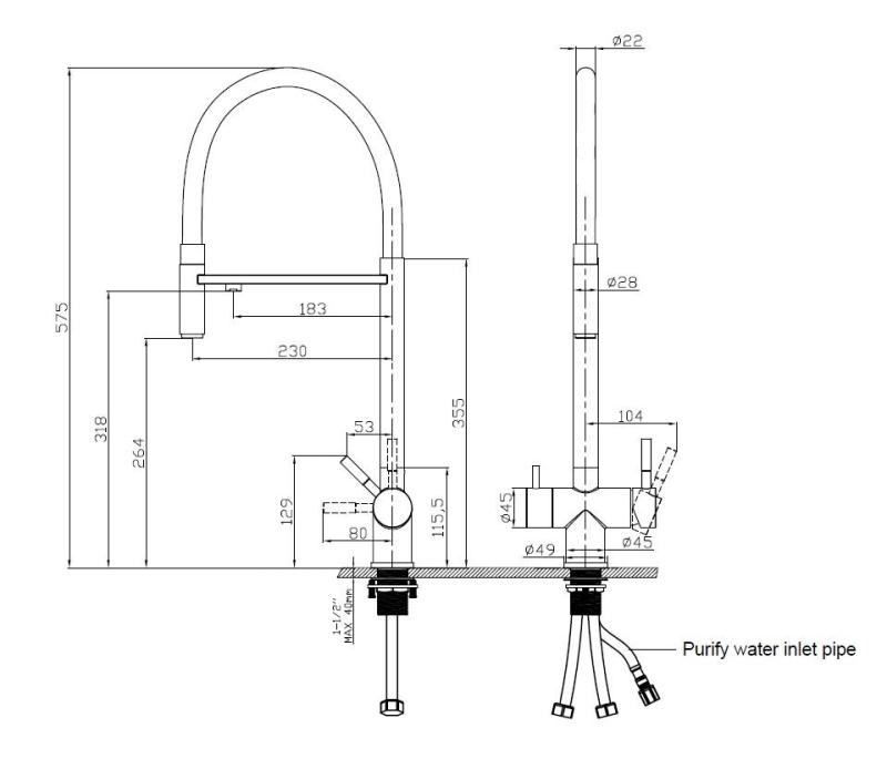 Pure.Sink Elite Steel Flex Robinet de cuisine en cuivre PVD à 3 voies avec bec flexible et eau filtrée PS8110-62