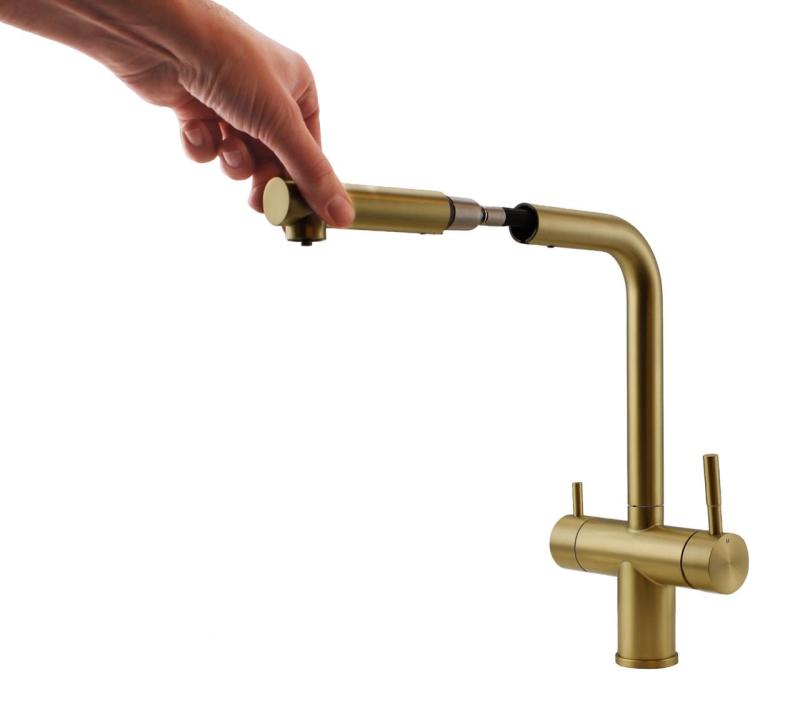 Pure.Sink Elite Steel Clear-S PVD brushed gold 3-way Kitchen Faucet with Pull-out Spout and Filtered Water PS8120-60