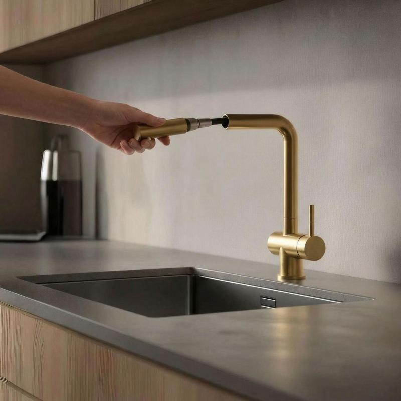 Pure.Sink Elite Steel Pulse-S robinet de cuisine en or brossé PVD avec bec extractible et jet d'eau PS8500-60