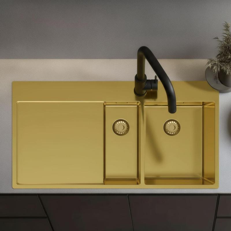 Pure.Sink Exclusivo Évier doré 1,5  avec égouttoir 100 x 52 cm Robinet à levier droit PEX3418100RT-60