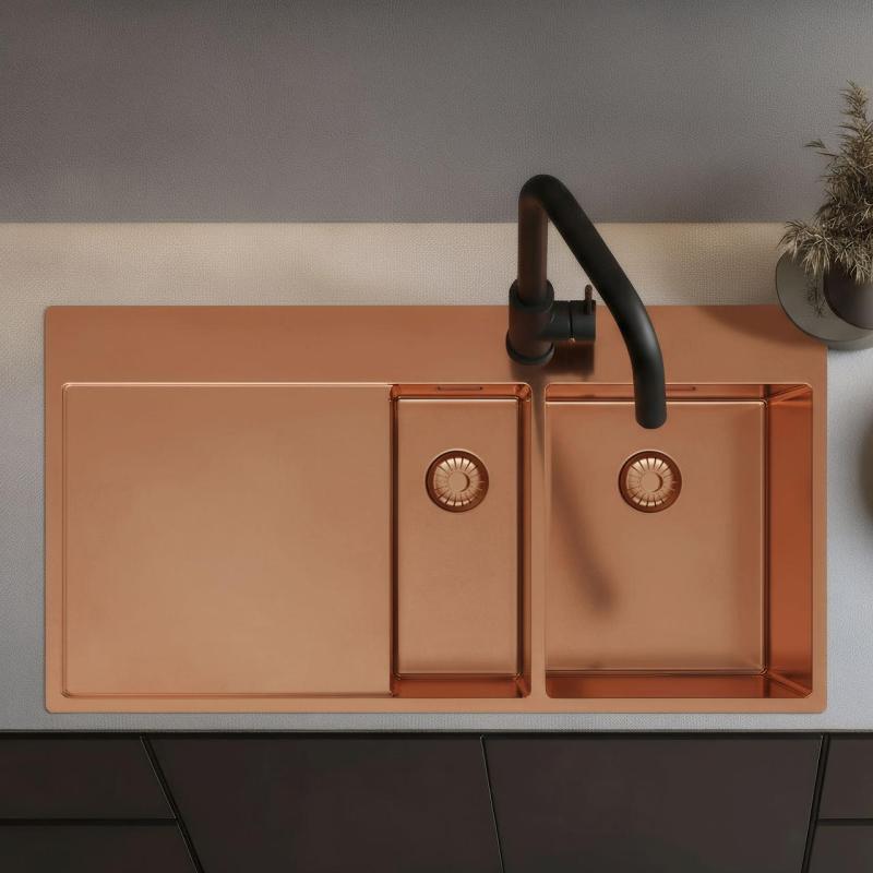 Pure.Sink Exclusivo Évier en cuivre 1,5  avec égouttoir 100 x 52 cm Robinet à levier droit PEX3418100RT-62