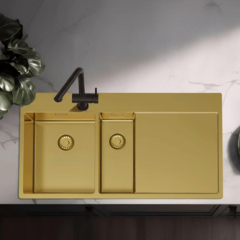 Pure.Sink Exclusivo Évier doré 1,5  avec égouttoir 100 x 52 cm Robinet à levier gauche PEX3418100LT-60