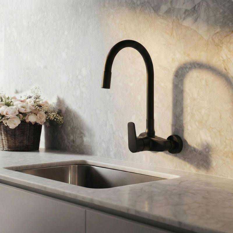 Aquanello Casa Wall-Mounted Kitchen Faucet, Black with High-Reach Flexible Spout BL-1301-CS