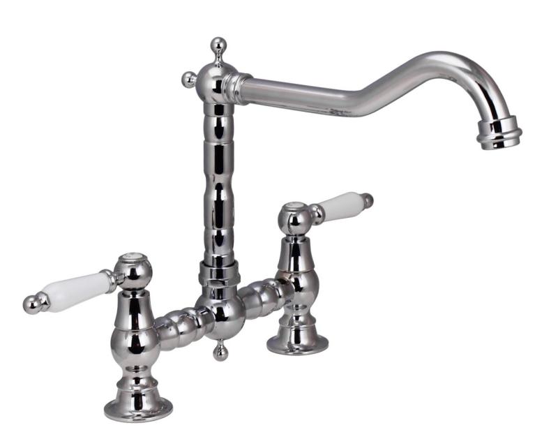 Aquanello Heritage Manor Classic Kitchen Nostalgic Bridge Kitchen Faucet Chrome with White Handle CR-0010-HM