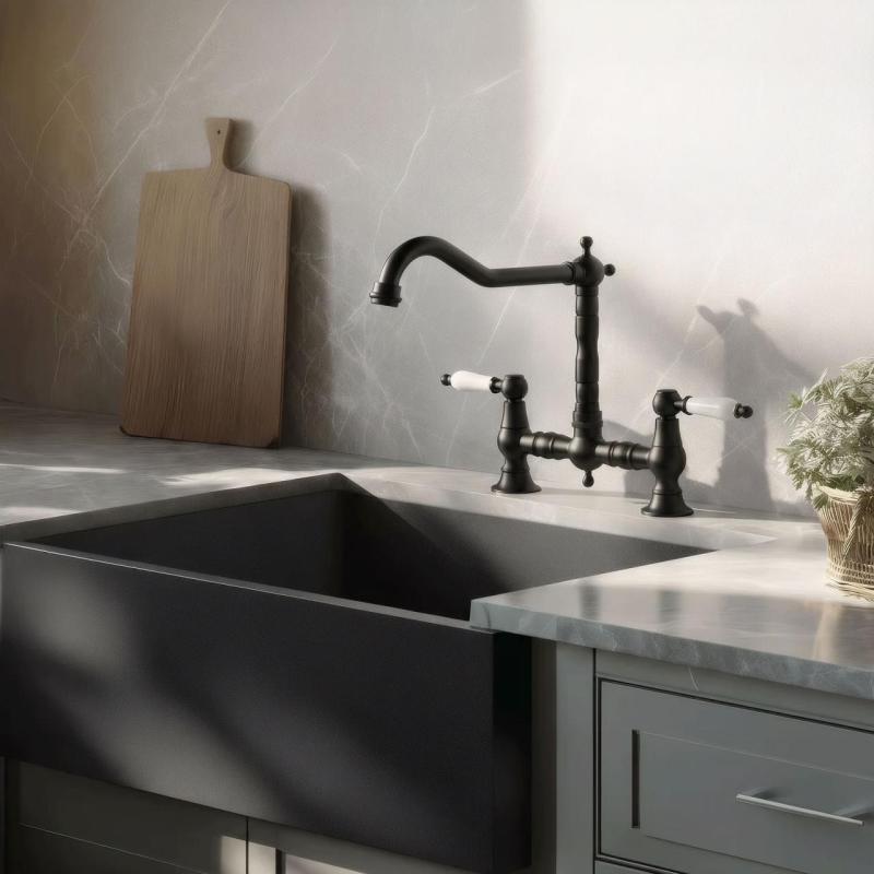 Aquanello Heritage Manor Robinet de cuisine classique de style rétro, noir avec poignée blanche BL-0010-HM