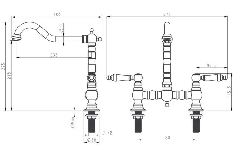 Aquanello Heritage Manor Robinet de cuisine classique de style rétro en acier inoxydable avec poignée blanche NB-0010-HM