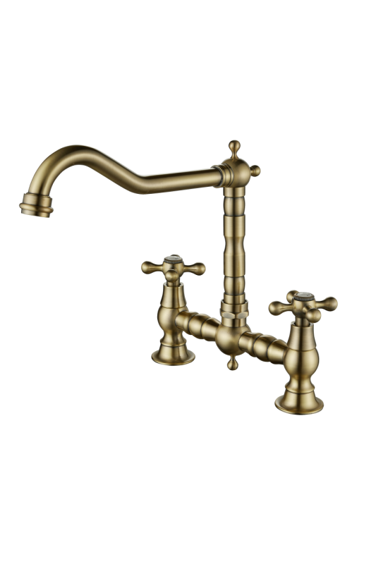 Aquanello Heritage Ascot Robinet de cuisine classique de style rétro, modèle « Pont », en bronze avec poignées en croix BN-4001-HA