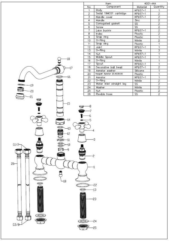 Aquanello Heritage Ascot Robinet de cuisine classique de style rétro, modèle « Pont », en bronze avec poignées en croix BN-0011-HA
