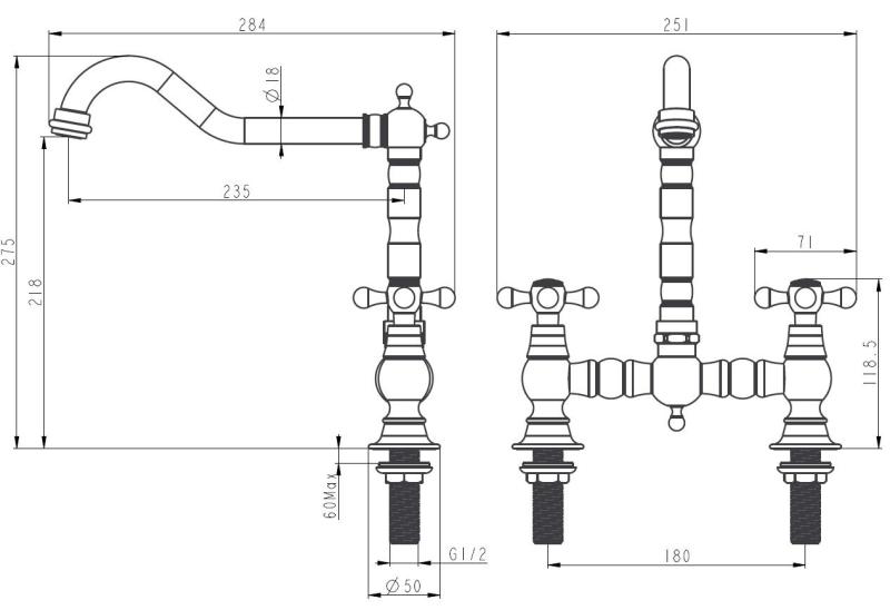 Aquanello Heritage Ascot Robinet de cuisine classique de style rétro en acier inoxydable avec poignées en croix NB-0011-HM