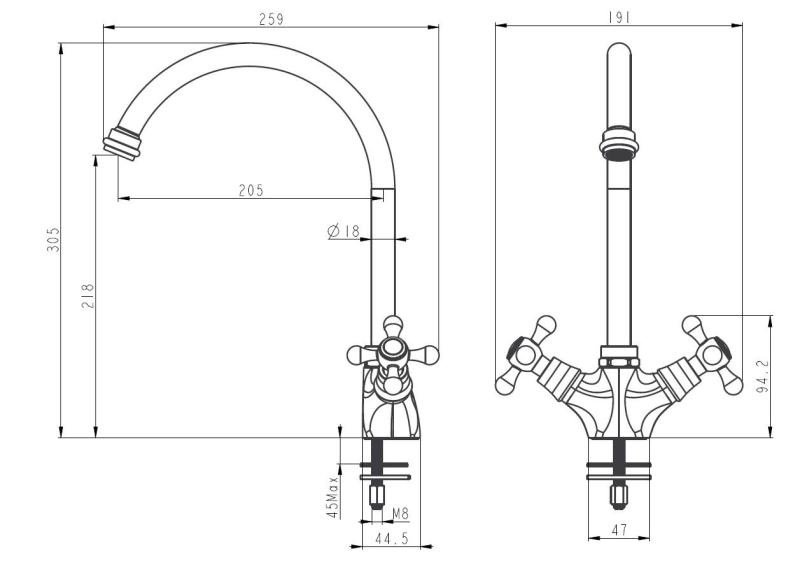 Aquanello Heritage Ascot Robinet de cuisine classique et nostalgique, noir, avec bec rond BL-4003-HA