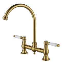 Aquanello Heritage Manor Robinet de cuisine classique de style rétro, pont, en bronze avec poignée blanche et bec rond BN-0011-HM