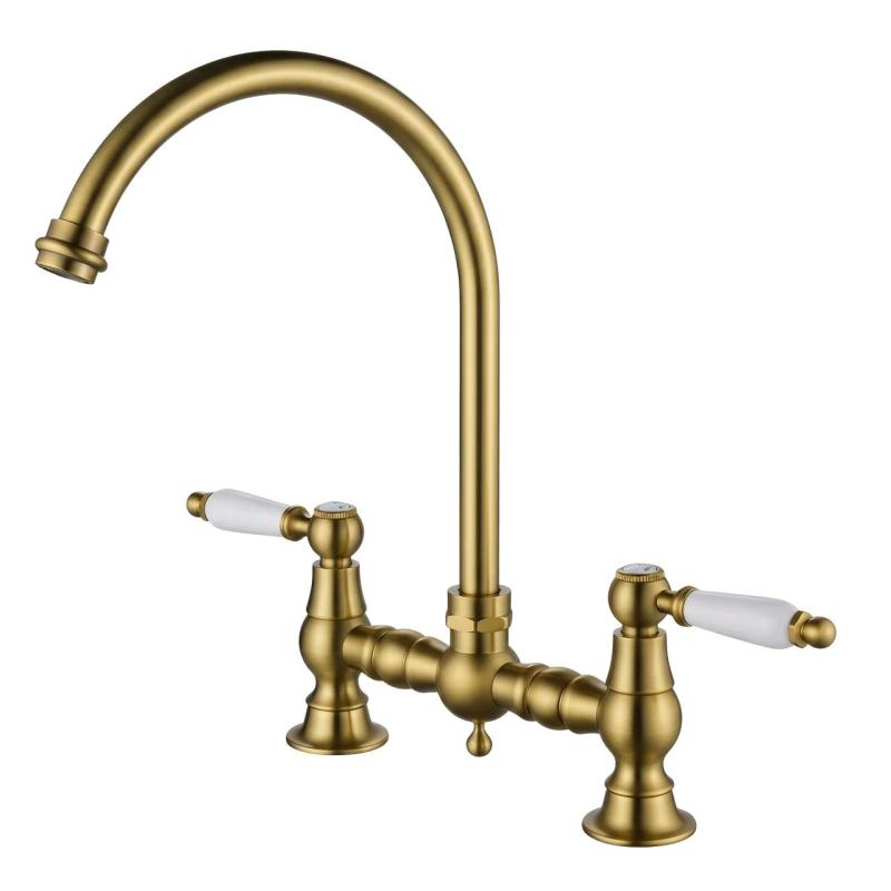 Aquanello Heritage Manor Robinet de cuisine classique de style rétro, pont, en bronze avec poignée blanche et bec rond BN-0011-HM