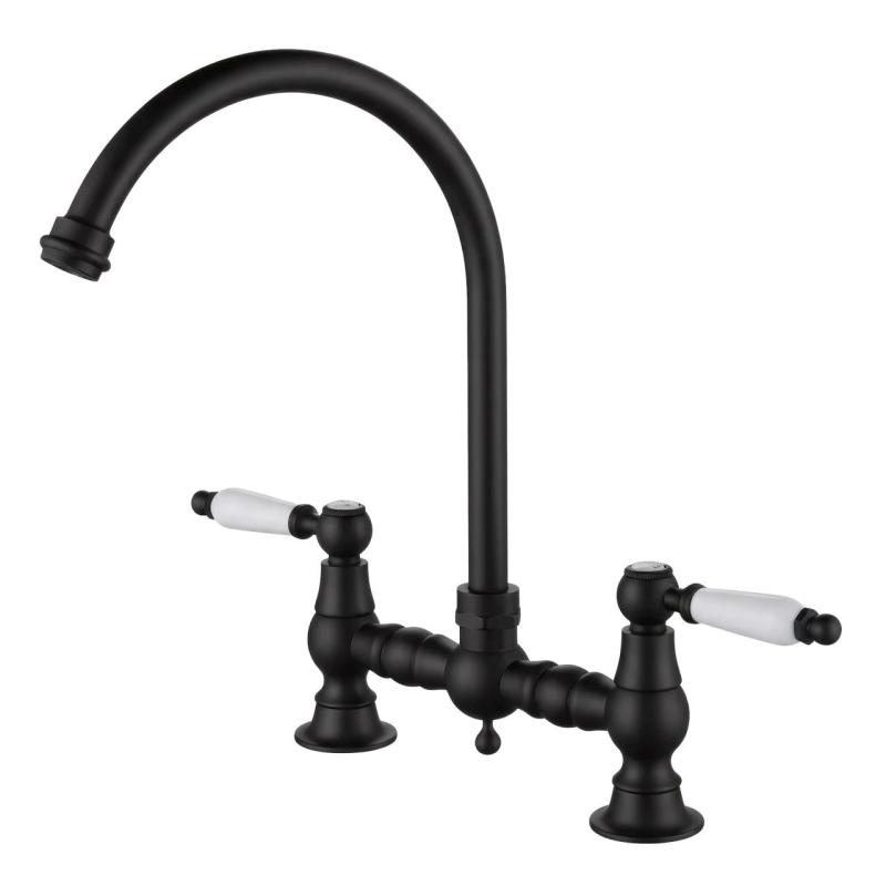Aquanello Heritage Manor Robinet de cuisine classique de style rétro, noir avec poignée blanche et bec rond BL-0011-HM