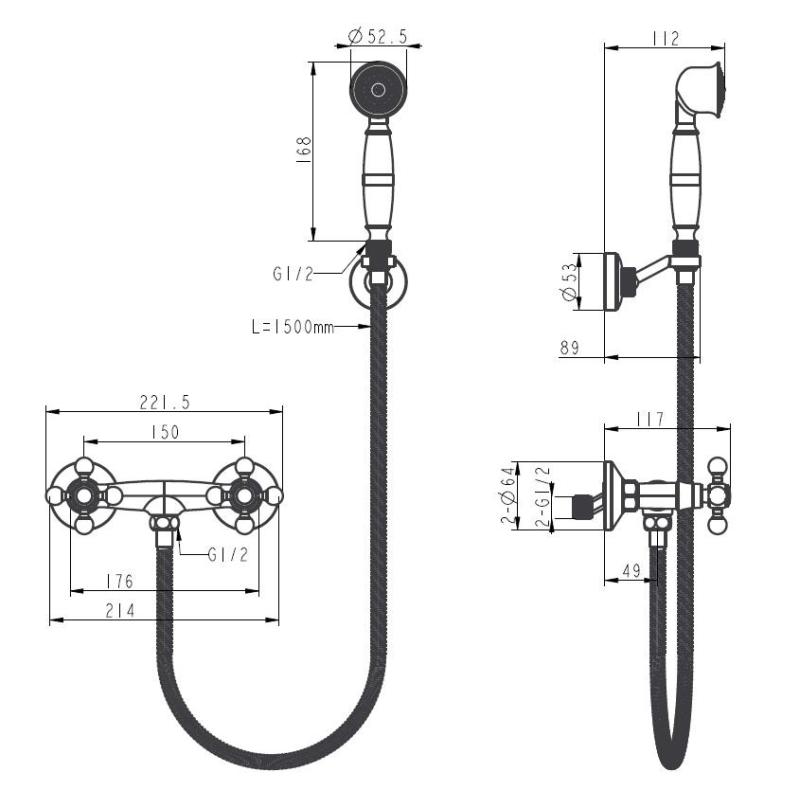 Aquanello Heritage Ascot Ensemble de robinetterie de douche classique avec boutons étoile chromés, douchette à main incluse CR-2002-HA