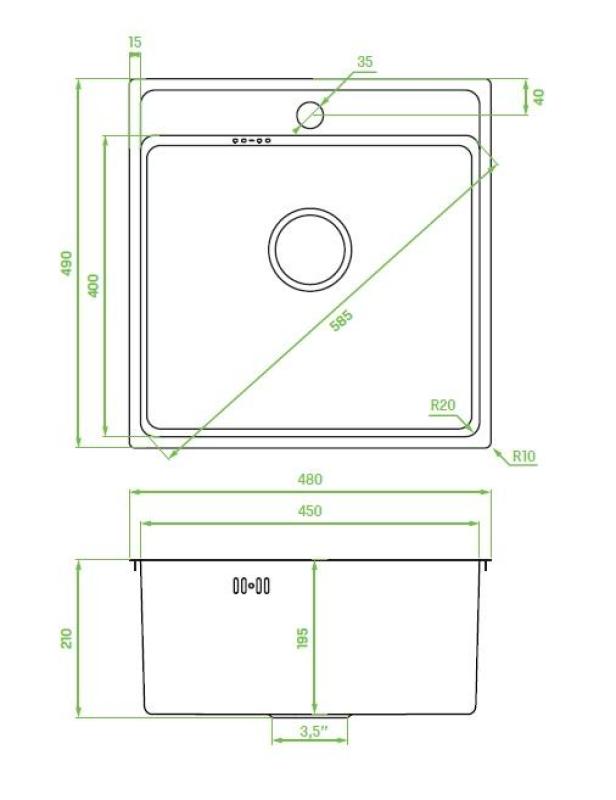 Aquadesign Plana Stainless Steel Surface-Mount Sink 48x49 cm with Tap Hole Bank including Siphon and Click-Clack Drain Plug 1208972559