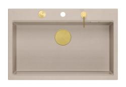 Quadri Hard Rock Évier à poser en granit beige, grand format 76 x 50 cm, avec bouchon doré et accessoires 1208972701