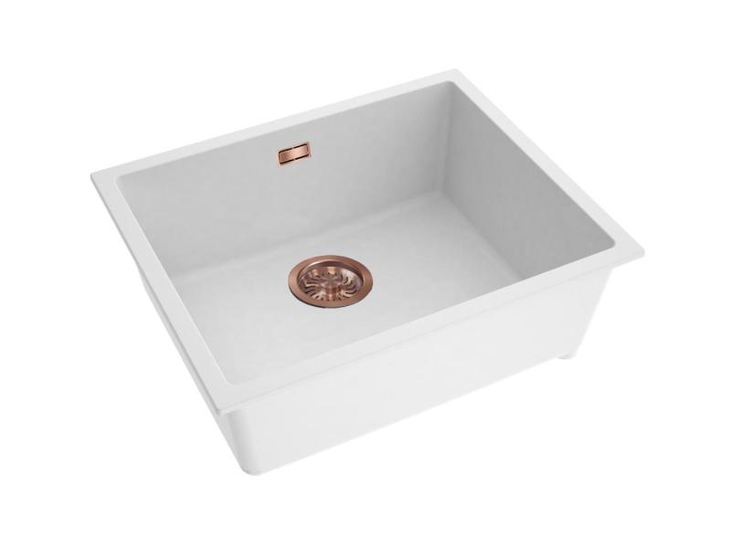 Pure.Sink Eternal Évier en quartz blanc 50 x 40 cm, à encastrer ou à poser, avec bouchon en cuivre