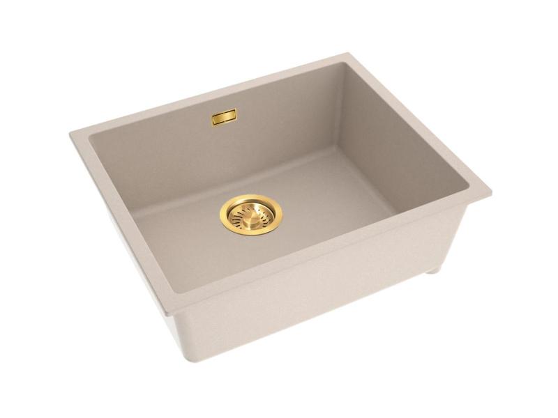 Pure.Sink Eternal Évier Quartz Beige 50 x 40 cm, à encastrer ou à poser, avec bouchon doré