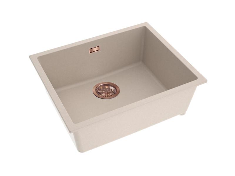 Pure.Sink Eternal Évier Quartz Beige 50 x 40 cm, à encastrer ou à poser, avec bouchon en cuivre