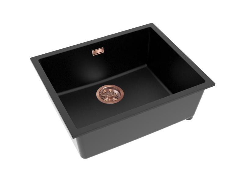 Pure.Sink Eternal Évier Quartz noir 50 x 40 cm, encastré à fleur ou sous plan, avec bouchon en cuivre