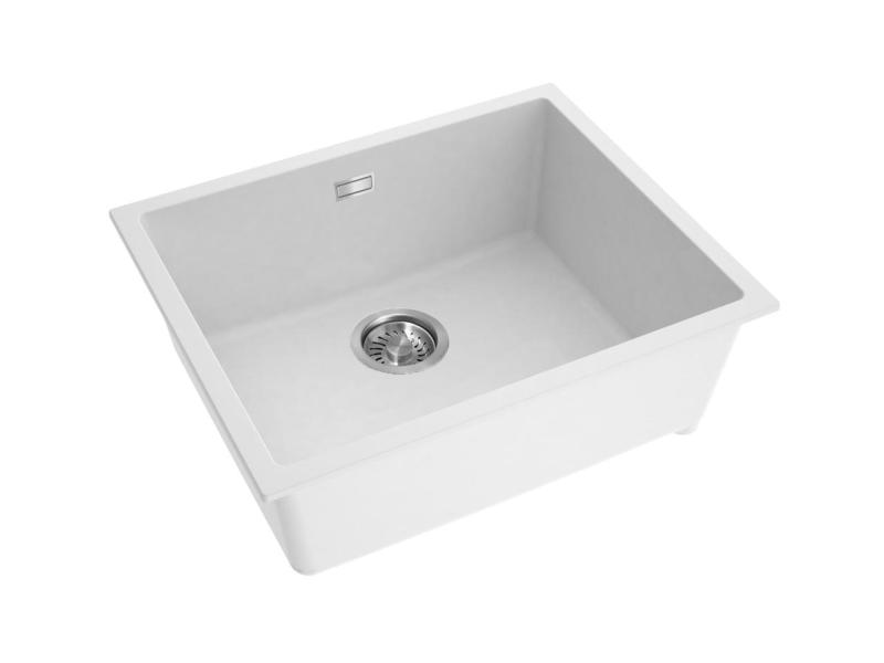 Pure.Sink Eternal Évier en quartz blanc 50 x 40 cm, à encastrer à fleur de plan de travail ou sous plan, avec bouchon en acier inoxydable