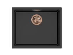 Pure.Sink Eternal Évier Quartz noir 50 x 40 cm, encastré à fleur de plan de travail ou sous plan, avec bouchon automatique en cuivre