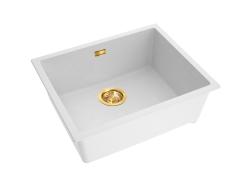 Pure.Sink Eternal Évier en quartz blanc 50 x 40 cm, à encastrer à fleur de plan de travail ou sous plan, avec bouchon automatique doré