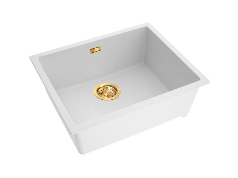 Pure.Sink Eternal Évier en quartz blanc 50 x 40 cm, à encastrer à fleur de plan de travail ou sous plan, avec bouchon automatique doré