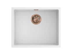 Pure.Sink Eternal Évier en quartz blanc 50 x 40 cm, à encastrer à fleur ou en sous-plan, avec bouchon automatique en cuivre